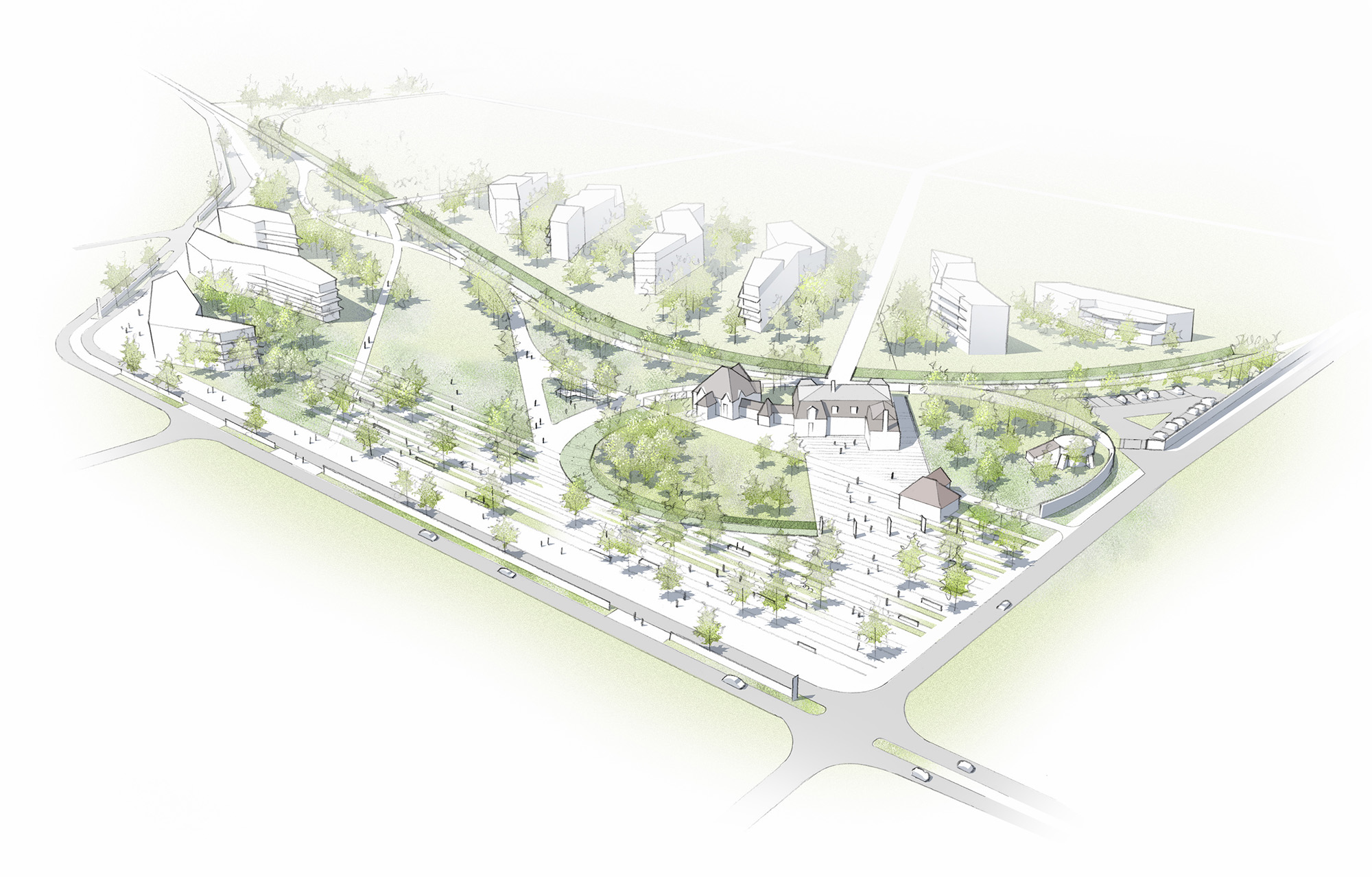 Perspective générale du projet du parc Vanderbilt situé sur l'écopole à Carrières sous Poissy
