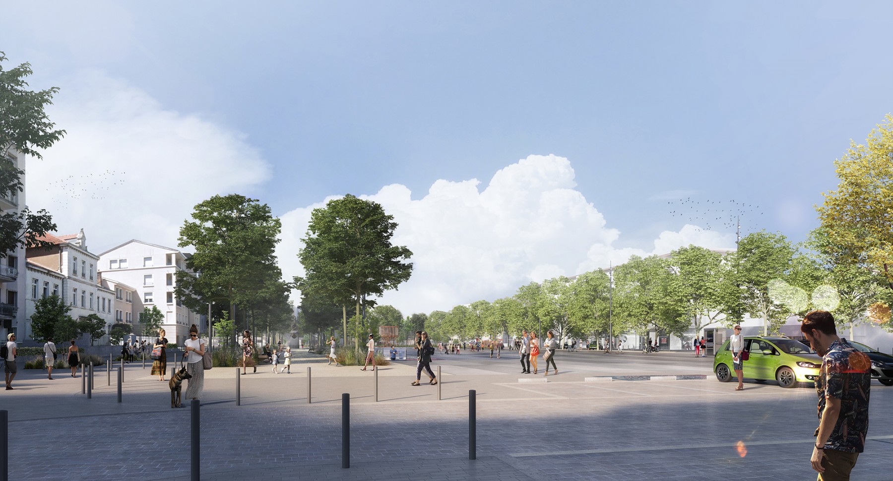 Place du Promenoir - vue sur la 1ère séquence de la place et sur le mail