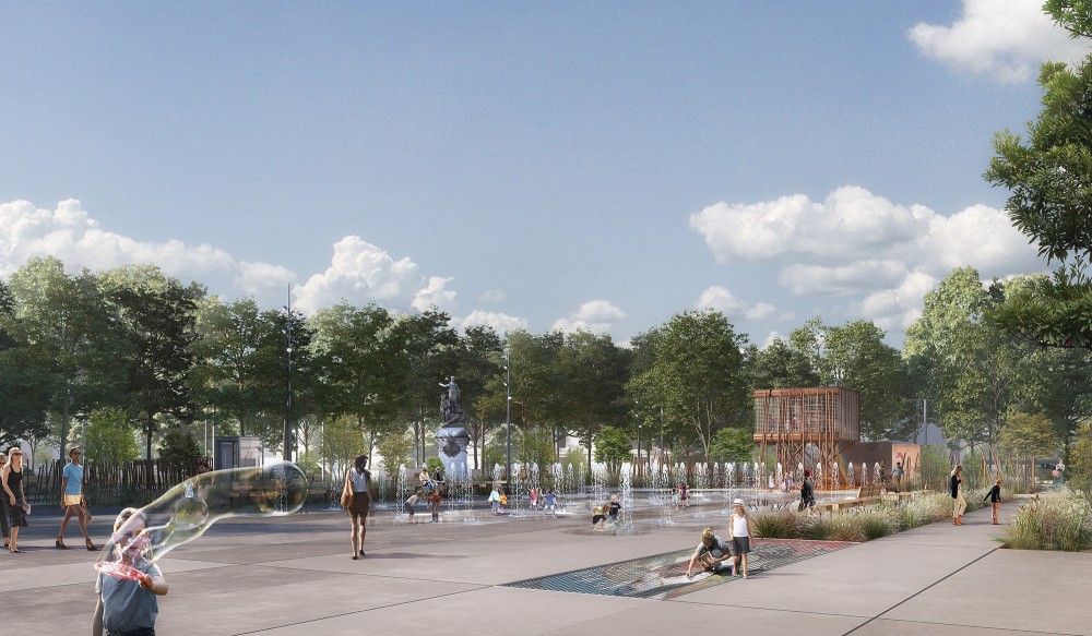 Place du Promenoir - vue sur la fontaine et le jardin.